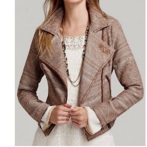 Free People Moto Style Distressed Jacquard Jacket size 0 Brown Woven Tapestry